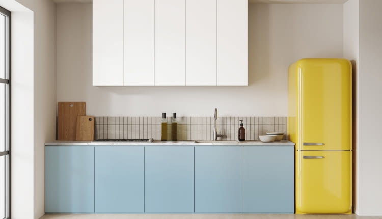 Plyta laminowana blekit krystaliczny U18003; biel arktyczna U11027; blat marmur callacatta S63054