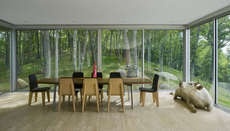 Okna Clean House wychodzą z jednej strony Peconic Bay, z drugiej na las. Dziełeo Stuart Parr Design, to nowoczesny dom, z sięgającymi od podłogi do sufitu oknami z każdej strony budynku, za którymi można podziwiać dwa oblicza przyrody.