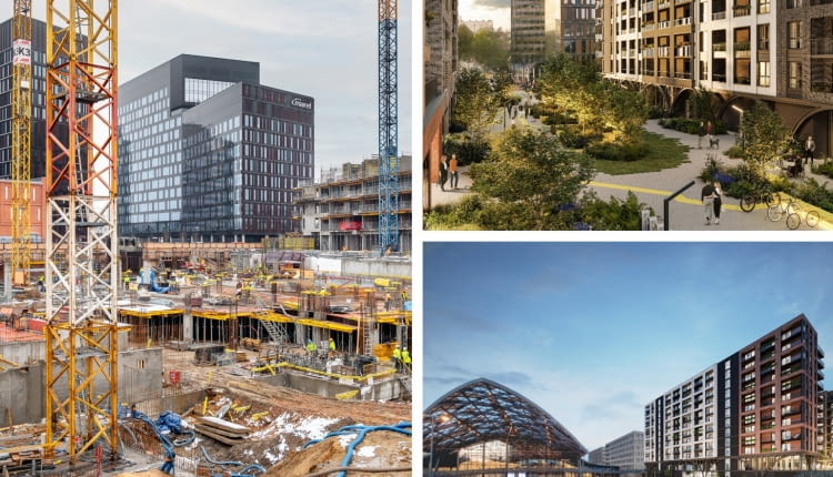 Flow w Nowym Centrum Łodzi. Z lewej: budowa; Z prawej: wizualizacje