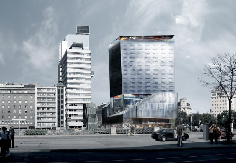 Wieżowiec przy Praterstrasse 1 we Wiedniu, zaprojektowany przez Jeana Nouvela. jean nouvel, wiedeń, austria, wieżowce, wieżowiec, hotel, Praterstrasse 1