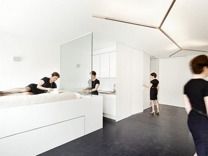 Minimalistyczne mieszkanie w Genewie - 35 m kw. Proj. Freaks freearchitects minimalistyczne mieszkanie, minimalizm, mieszkanie w bieli