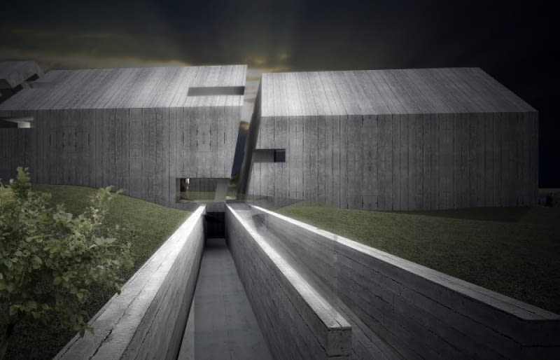 Muzeum Martyrologii Wsi Polskich w Michniowie. Upamiętnienie tragicznych wydarzeń, jakie rozegrały się we wsi Michniów w 1943 roku, symbolicznie nawiązuje do dramatycznych losów wszystkich spacyfikowanych polskich wsi, łącząc pamięć z pojednaniem. Akcent koncepcji jest położony na emblemat "domu - chaty", będący zarazem frontem bryły podlegającej zamierzonej i stopniowej deformacji. muzeum, projekt, nizio, architektura polska, malzoleum, wsi polskich, michniów