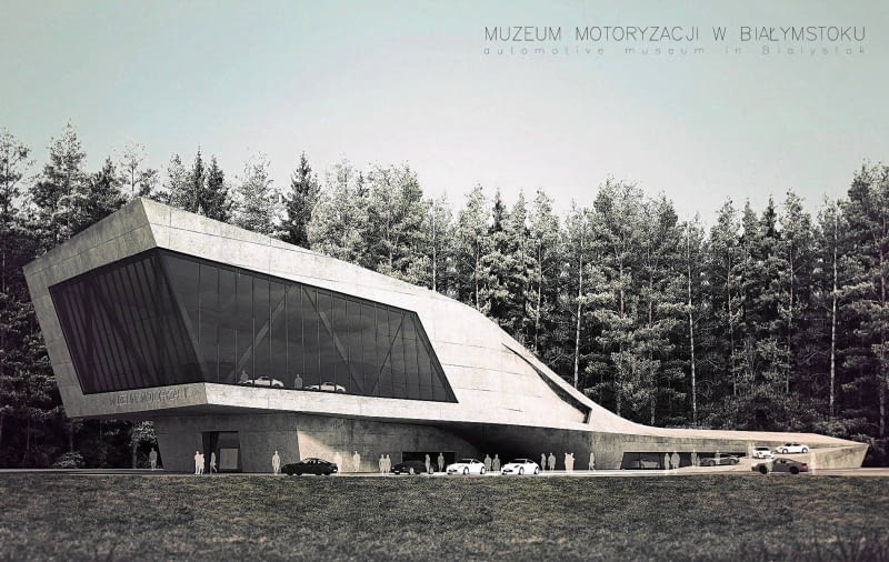 Projekt Białostockiego Muzeum Motoryzacji pawel fiedczas projekt muzeum motoryzacji architektura betonowa