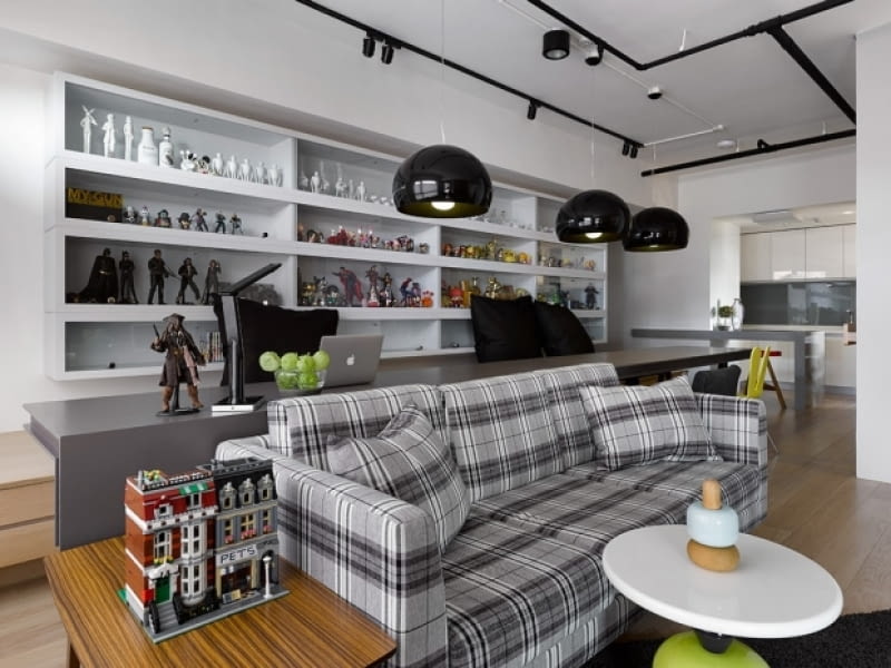 Mieszkanie kolekcjonerów figurek - salon. Projekt: Ganna Design Studio nowoczesne mieszkanie, przytulne mieszkanie, jak urządzić nowoczesne mieszkanie, ciekawe mieszkanie, oryginalne mieszkanie, zdjęcia mieszkań