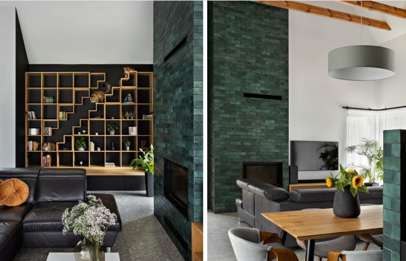 Wysoka, sięgająca sufitu obudowa kominka z zielonymi płytkami-cegiełkami tworzy wyrazisty akcent wnętrza. Misterne układanie i fugowanie drobnych kafli wymagało ogromnej precyzji – zadaniu temu, podobnie jak wielu innym wymagającym wytrwałości, sprostali Krzysztof i Maciej z ekipy budowlanej Kombuilder Krzysztof Czapski. Wysoka, sięgająca sufitu obudowa kominka z zielonymi płytkami-cegiełkami tworzy wyrazisty akcent wnętrza. Misterne układanie i fugowanie drobnych kafli wymagało ogromnej precyzji – zadaniu temu, podobnie jak wielu innym wymagającym wytrwałości, sprostali Krzysztof i Maciej z ekipy budowlanej Kombuilder Krzysztof Czapski.