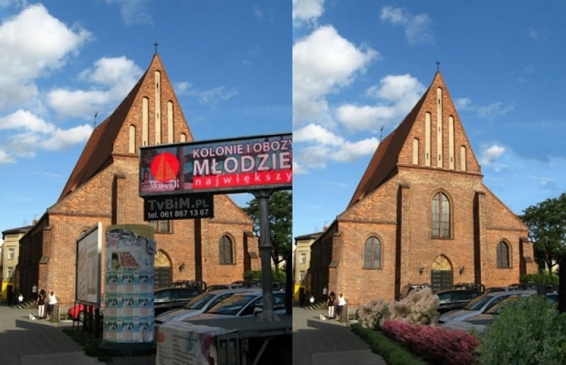 Kościół na ul. Świętego Marcina w Poznaniu - po prawej wersja z usuniętymi w Photoshopie reklamami Kościół na ul. Świętego Marcina w Poznaniu