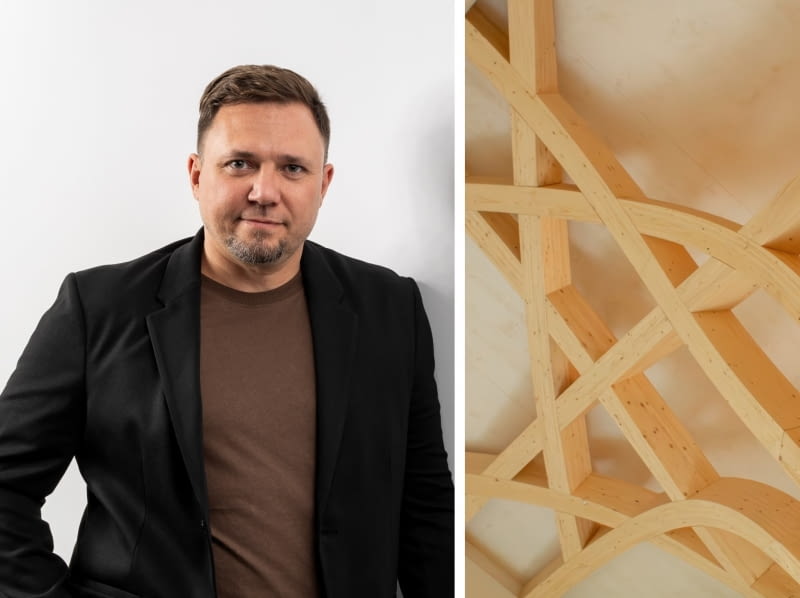 Z lewej: arch. Maciejem Zuber; z prawej: drewno klejone krzyżowo Z lewej: arch. Maciejem Zuber; z prawej: drewno klejone krzyżowo