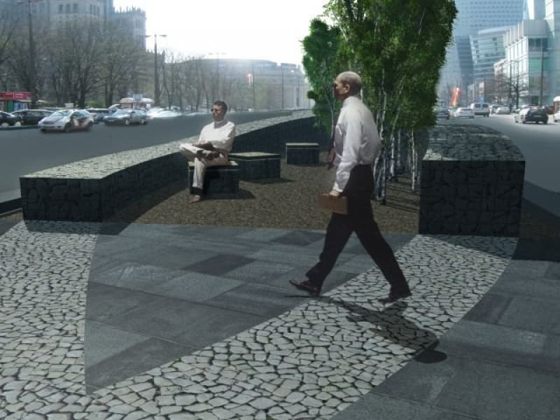 Wizja ul. Emilii Plater z brzozowym zagajnikiem i ławkami, proj. RS Architektura Krajobrazu projekt, warszawa, emilii plater, przebudowa, RS Architektura Krajobrazu