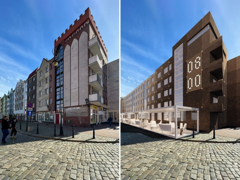 Stary Rynek w Gorzowie Wielkopolskim. Z lewej: stan obecny; Z prawej: propozycja BXB studio Stary Rynek w Gorzowie Wielkopolskim. Z lewej: stan obecny; Z prawej: propozycja BXB studio