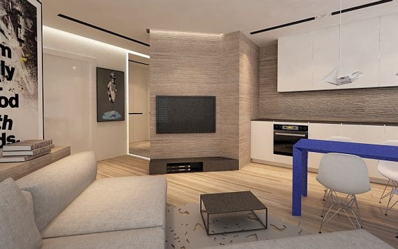 Projekt zagospodarowania przestrzeni 29 m2 - kuchnia z jadalnią, salon oraz kącik dla dziecka. kuchnia z jadalnią, przebudowa pokoju, porady architektów
