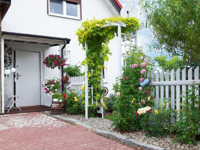 Przy domu w sezonie bujnie rosną kwiaty. Obrośnięta pnączami pergola to wejście do przydomowego ogródka.