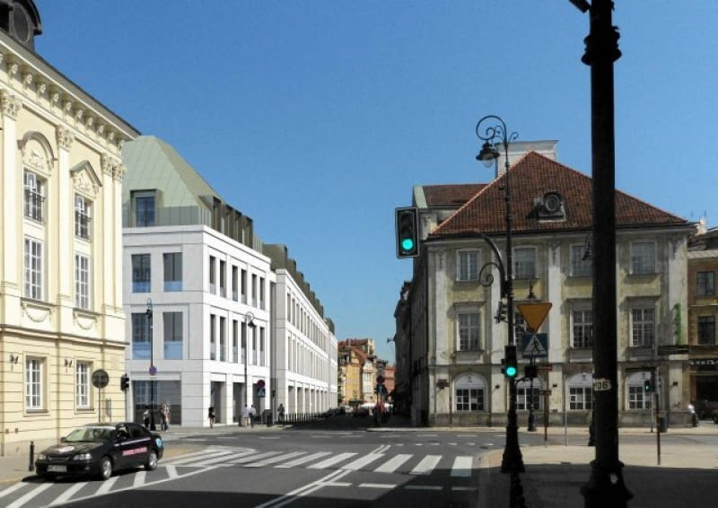 Widok od strony ul. Senatorskiej: od lewej Pałac Biskupów Krakowskich, nowy budynek, Pałac Małachowskich Widok od strony ul. Senatorskiej: od lewej Pałac Biskupów Krakowskich, nowy budynek, Pałac Małachowskich
