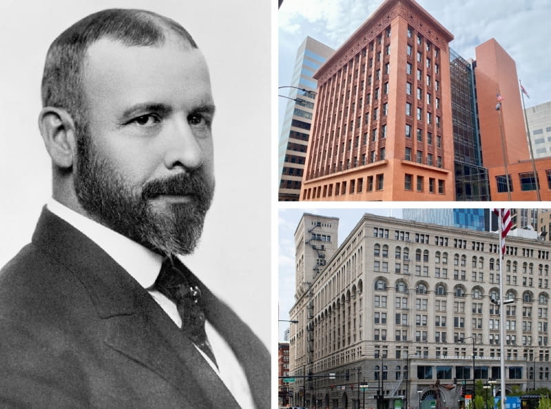 Z lewej: Louis Henry Sullivan; Z prawej na górze: Wainwright Building w St. Louis; Z prawej na dole: Auditorium Building w Chicago Z lewej: Louis Henry Sullivan; Z prawej na górze: Wainwright Building w St. Louis; Z prawej na dole: Auditorium Building w Chicago