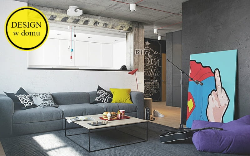 Mieszkanie w Mińsku; proj. Nordes. Salon z kuchnią. mieszkanie, mieszkanie w stylu loft, loft, industrialny styl, sztuka, design
