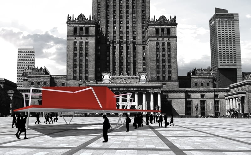 Zwycięski projekt artystycznego pawilonu, który będzie promować Muzeum Sztuki Nowoczesnej w Warszawie. Propozycja niemiecko-duńskiego Studio Olafur Eliasson pokonała 6 innych pracowni w zamkniętym konkursie architektonicznym ogłoszonym przez MSN oraz Narodowy Instytut Audiowizualny projekt, konkurs, pawilon, warszawa