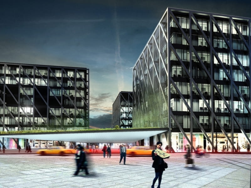 Płyta z zielonym dachem jest dodatkowo efektownym zadaszeniem strefy wejściowej biurowców. Galeria Południe w Katowicach. Projekt Medusa Group. katowice, biurowce, architektura, polska, medusa group