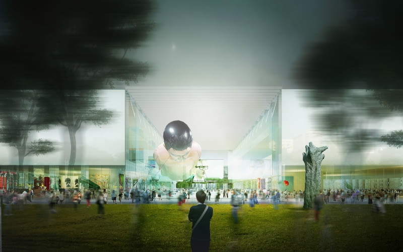 Widok wewnętrznego placu, łączącego Muzeum i Teatr oraz plac Defilad z Parkiem Świętokrzyskim Widok wewnętrznego placu, łączącego Muzeum i Teatr oraz plac Defilad z Parkiem Świętokrzyskim
