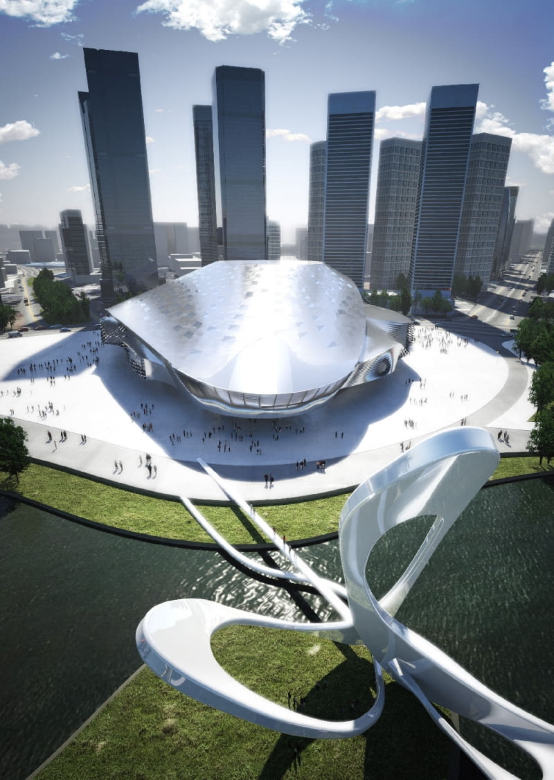 Wizualizacja Międzynarodowego Centrum Konferencyjnego w Dalian w Chinach autorstwa Coop Himmelb (l) Au architektura, ekologia, zrównoważne budownictwo, coop himmelb (l) au, chiny, wolf d. prix, dalian, międzynarodowe centrum konferencyjne