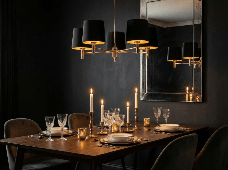 Nad stołem zawisła klasyczna lampa Ponte w eleganckim czarnym kolorze z zewnątrz i złotym w środku. Jej ciepłe światło wzmocnione zostało blaskiem świec.