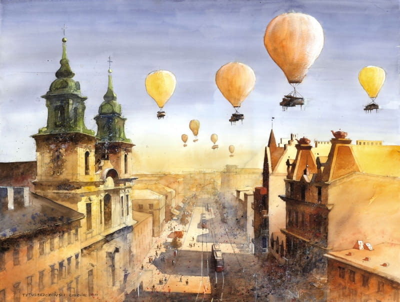 Krakowskie Przedmieście 2011|50x65cm. Akwarela przedstawia ulicę tuż przed wojną. Po prawej stronie nieistniejące już wysokie kamienice Warszawa z akwareli