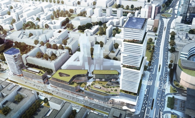 Wizualizacja inwestycji Centralna Park, która ma powstać u zbiegu Al. Jerozolimskich i al. Jana Pawła II. Przy lewym brzegu obrazka planowany 70-metrowy wiezowiec na miejscu pawilonu, w którym kiedyś działał sklep IKEA Wizualizacja inwestycji Centralna Park, która ma powstać u zbiegu Al. Jerozolimskich i al. Jana Pawła II