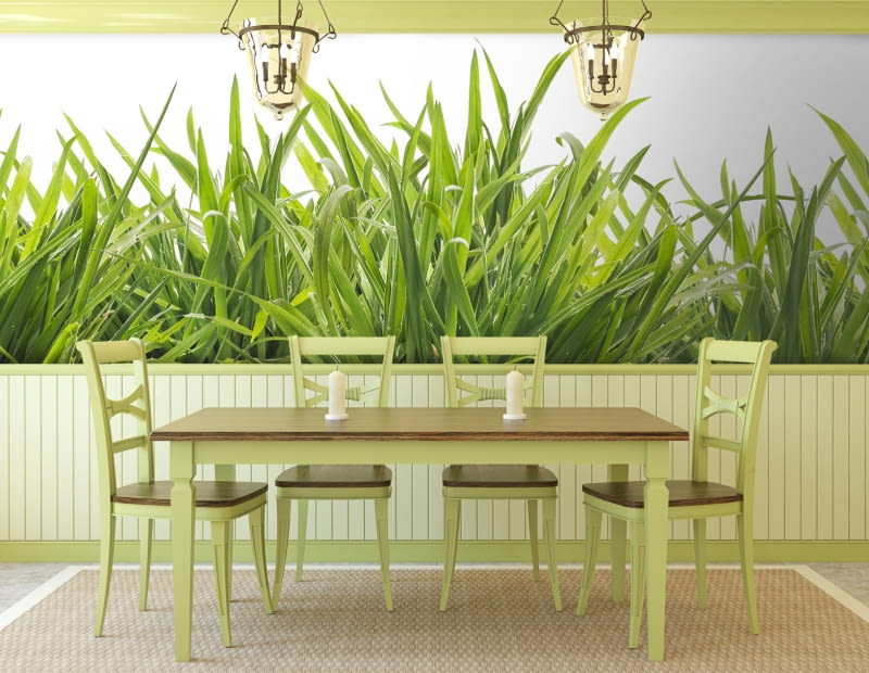 Lamperia umiejętnie zestawiona z fototapetą. Dining-room interior. Provence. 3d render.