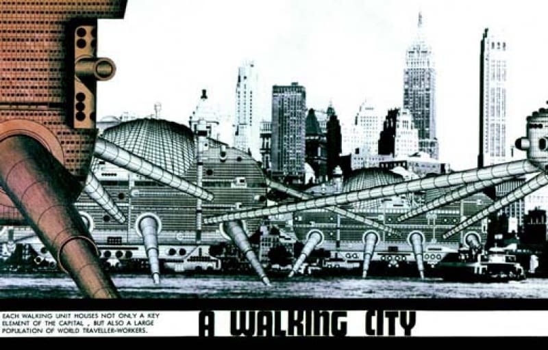 "Walking City" - miasto kroczące na ogromnych kończynach dopóki jego mieszkańcy nie znajdą odpowiedniego miejsca archigram, walking city
