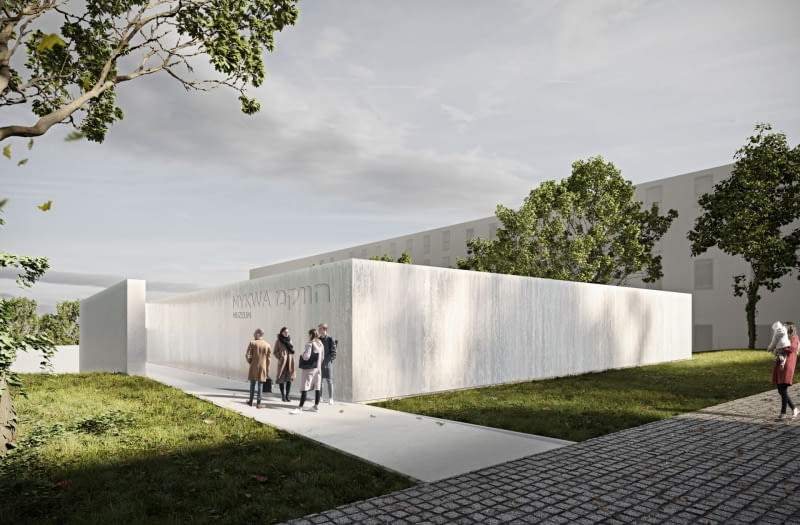 Pawilon mykwy w Oświęcimiu. Proj. Nizio Design International. Wizualizacja od ul Berka Joselewicza Pawilon mykwy w Oświęcimiu. Proj. Nizio Design International. Wizualizacja od ul Berka Joselewicza