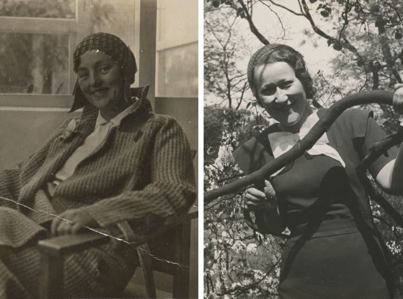 Fot. z lewej:  Barbara Brukalska w holu domu własnego przy ul. Niegolewskiego 8 w Warszawie; Fot. z prawej: Helena Syrkus, lata 30. XX w., fotografia, zbiory Muzeum Sztuki w Łodzi