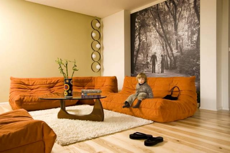 Aranżacja. Zdjęcie na ścianie pokoju dziennego to nie gotowa fototapeta, ale powiększona rodzinna fotografia. Miękkie kanapy Togo zaprojektował francuski designer Michel Ducaroy. W rogu włoska lampa z lat 60. UWAGA PONOWNA PUBLIKACJA ZA ZGODA WLASCICIELI wnętrza, meble, salon, mieszkanie, aranżacje