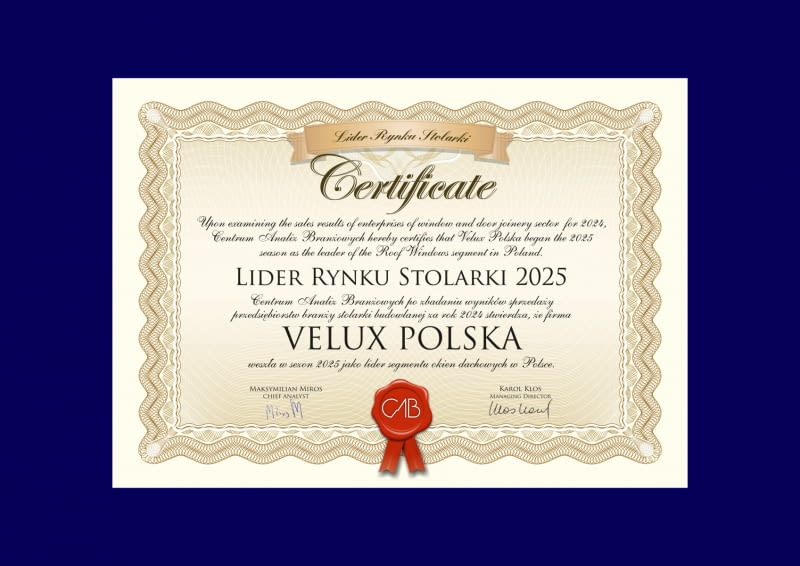 VELUX Polska ponownie z tytułem Lider Rynku Stolarki VELUX Polska ponownie z tytułem Lider Rynku Stolarki