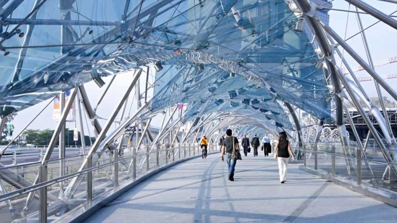 Helix Bridge - kładka dla pieszych w Singapurze nad zatoką Marina Bay. Uznana za najlepszą konstrukcję dla transportu w ramach World Architecture Festival 2010. Projekt: Cox Rayner Architects i Architects 61 konstrukcja, waf, singapur, most