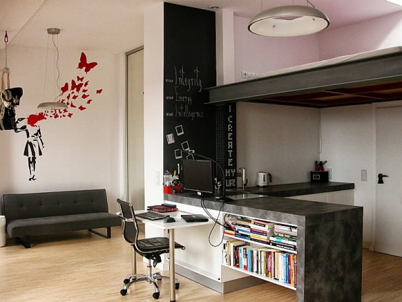 Kawalerka na poddaszu - 45 m2; proj. Studio Projektowe Atoato kawalerka, małe mieszkanie, kawalerka na poddaszu, małe mieszkanie na poddaszu