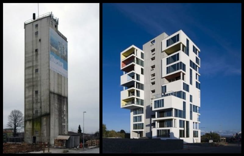 Silos zbożowy zamieniony w blok mieszkalny w duńskim miasteczku Logten. Projekt C. F. Moller Architects we współpracy z Christian Carlsen Arkitektfirma rewitalizacja, adaptacja, beton, dania, blok