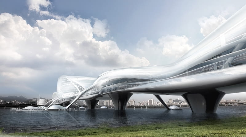 Paik Nam June Media Bridge w Seulu,to nie tylko most, ale również biblioteka, muzeum oraz centrum IT. Rozpoczęcie budowy rzeźbiarskiego mostu na rzece Han rozpocznie się w 2012 roku konstrukcja, ekologia, seul, most, korea południowa