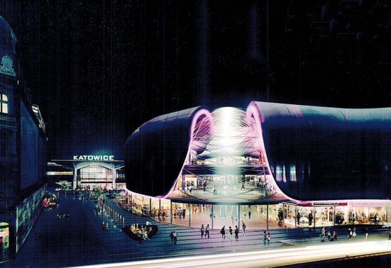 Wejście na dworzec zostałoby zdominowane przez centrum handlowe dworzec,modernizm, katowice, pkp, przebudowa, modernizacja