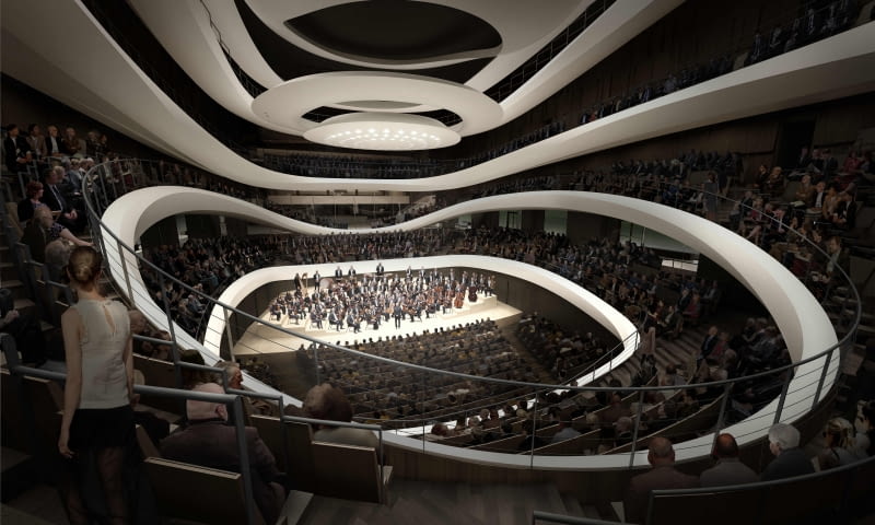 Sinfonia Varsovia - wizualizacja sali koncertowej. Proj. Atelier Thomas Pucher