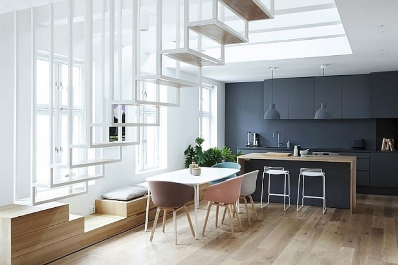 Mieszkanie w Oslo - proj. Haptic Architects dwupoziomowe mieszkanie, jak rozplanować dwupoziomowe mieszkanie, schody, nowoczesne schody, jasne mieszkanie, jak rozjaśnić mieszkanie