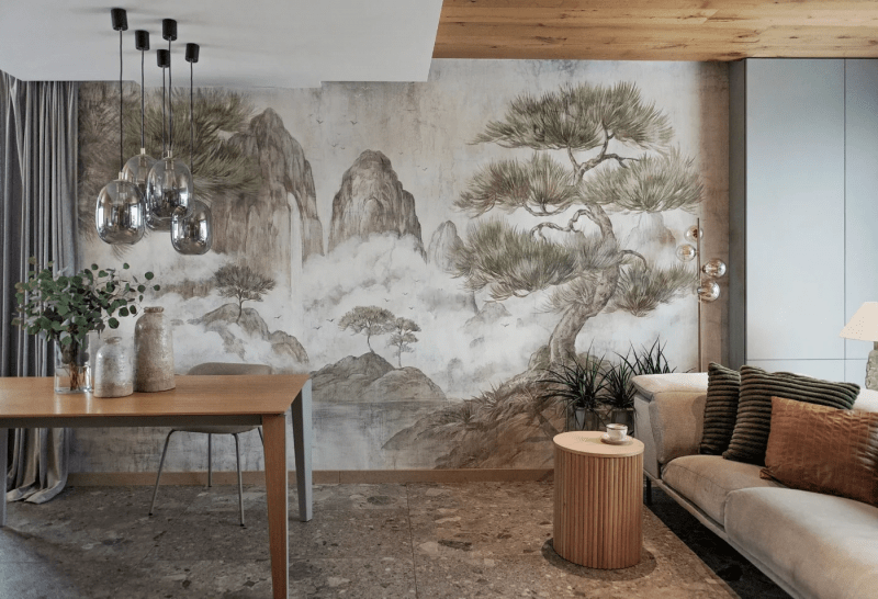 Tapeta oliwkowa na ścianę do salonu - naturalna harmonia w ciepłych tonach