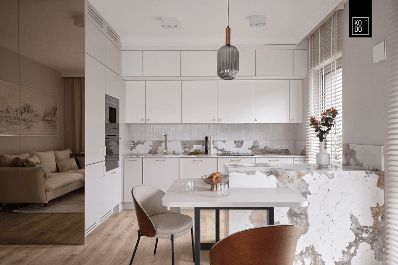 Eleganckie mieszkanie w bieli, beżach i szarości Eleganckie mieszkanie w bieli, beżach i szarości