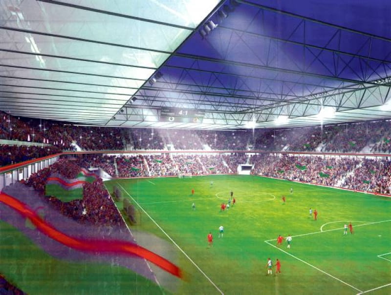 Dla niemieckiego konsorcjum stadion zaprojektowali architekci z pracowni Rhode Kellerman Wawrowsky. To obiekt na 35 tys. miejsc z rozsuwanym, przeszklonym dachem. Raczej niemożliwe jest, by na polskim stadionie trybuny znajdowały się tak blisko boiska i nie były ogrodzone Dla niemieckiego konsorcjum stadion zaprojektowali architekci z pracowni Rhode Kellerman Wawrowsky. To obiekt na 35 tys. miejsc z rozsuwanym, przeszklonym dachem. Raczej niemożliwe jest, by na polskim stadionie trybuny znajdowały się tak blisko boiska i nie były ogrodzone