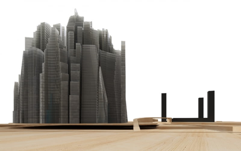 I nagroda: Krakowskie La Defense w zakolu Wisły. Olbrzymie 500 metrowe wieże ustawione są tak gęsto, że z daleka przypominają szkalną górę architektura, koncepcja, kraków, wieżowiec, wieżowce, międzynarodowe triennale architektury