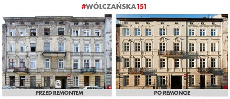 Kamienica przy ul. Wólczańskie 151 wyremontowana w ramach programu "Mia100 Kamienic" - stan przed i po przeprowadzeniu prac Kamienica przy ul. Wólczańskie 151 wyremontowana w ramach programu "Mia100 Kamienic" - stan przed i po przeprowadzeniu prac