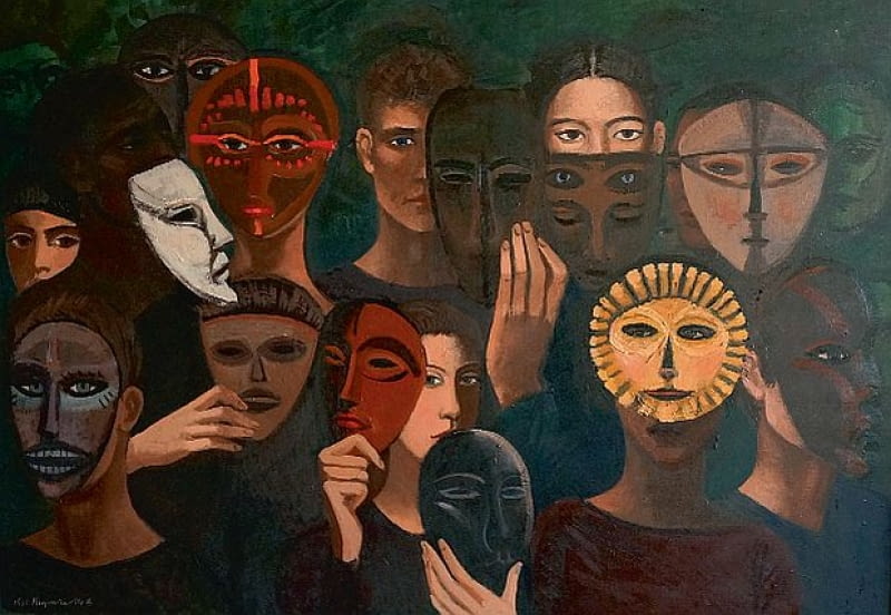 Ludzie i maski, 2014 r., 80 x 100 cm, olej/płótno Katarzyna Karpowicz, obrazy