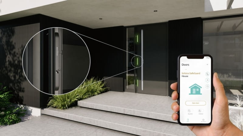 Drzwi Schüco AD UP Design Edition z podświetlanym pochwytem  i elektronicznym mechanizmem ryglującym SafeGuard.