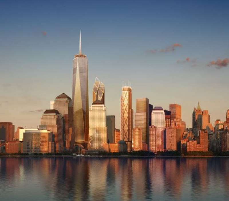 Kompleks World Trade Center pnie się w górę. world trade center, nowy jork, wieżowiec, Santiago Calatrava, David Childs, Norman Foster, Frank Gehry, Fumihiko Maki, Richard Rogers, Daniel Libeskind