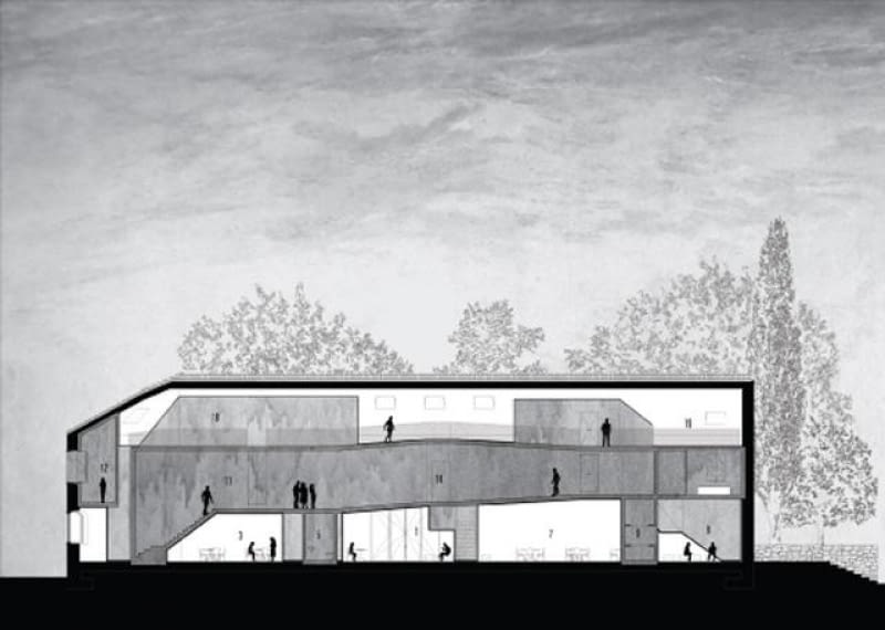 Budynek EMIO - Enviorenmental Monitorizing and Interpretation Offices w portugalskim mieście Tomar projektu EMBAIXADA Arquitectura. We wnętrza starego magazynu wstawiono futurystycznego pasożyta portugalia, rewitalizacja, minimalizm, adaptacja