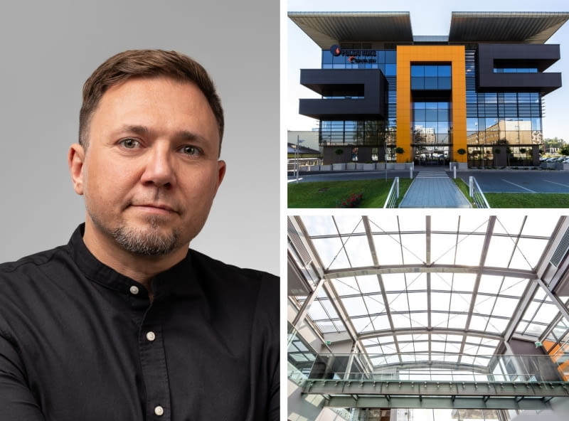 Z lewej: Maciej Zuber; Z prawej: biurowiec JSW w Katowicach