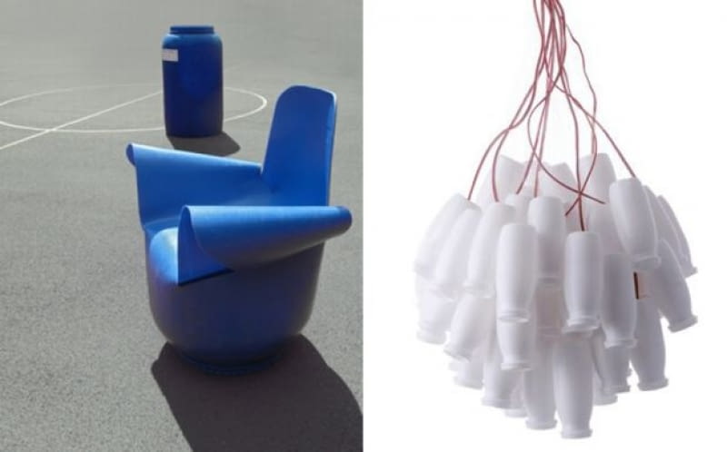 "Fotel z beczki" proj. Robert Pludra i Jakub Sobiepanek i "Produkt Mleczny" z buteleczek po jogurcie, proj. Daria Burlińska. Fotel z beczki, Pludra, Sobiepanek, Produkt mleczny, Burlińska