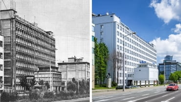Z lewej: Siedziba Zakładów Radiowych im, Marcina Kasprzaka w Warszawie ok. 1975 roku/ Z prawej: hostel A&O Wola w 2020 roku Z lewej: Siedziba Zakładów Radiowych im, Marcina Kasprzaka w Warszawie ok. 1975 roku/ Z prawej: hostel A&O Wola w 2020 roku